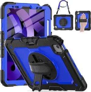 Timecity 3-Layer Heavy Duty Rugged Case for iPad Air 5th/4th Gen, 10.9inch, 2022/2020, w/Swivel Kickstand, Hand Strap, Pencil Holder, Dark Blue