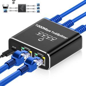 eoqo Ethernet Splitter, Gigabit RJ45 Ethernet Splitter 1 to 4 High Speed, 1000Mbps Network Extension Connector with USB Power Cable, CAT 5 6 7 8 Network Cable Simultaneous 4 Device
