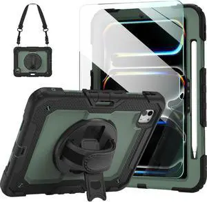 Ambison for iPad Pro 11 Inch Case 2024(M4, 5th Generation),with 9H Tempered Glass Screen Protector,Full-Body Heavy Duty Shockproof Protective Cover with 360° Rotate Strap Stand,Pencil Holder-Green