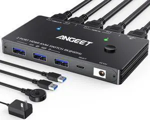 8K HDMI KVM Switch 2 Port 8K@60Hz 4K@120Hz,ANGEET HDMI 2.1 KVM Switch for 2 Computers Share 1 Monitor and 3 USB 3.0 Devices,HDCP 2.3,HDR 10,with Wired Remote and 2 USB3.0 Cable