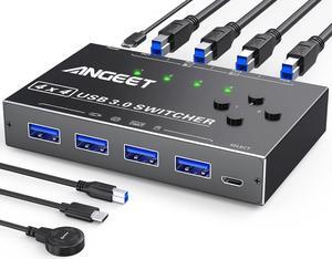 USB 3.0 Switch 4 Port, ANGEET USB Switch Selector for 4 Computer Share 4 USB Devices,Keyboard Mouse Switch,USB Switcher with Wired Remote and 4 Standard USB-B Cables