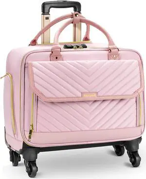 Arcoyard Rolling Briefcase for Women with 4 Spinner Wheels and Telescopic Extendable Handle, Laptop Bag with Wheels, Roller Computer Bag for Work Travel Carry On Luggage, TSA Friendly Design, Pink
