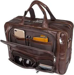 Augus Business Travel Briefcase Genuine Leather Duffel Bags for Men Laptop Bag fits 15.6 inches Laptop YKK Zipper