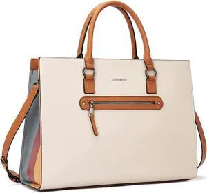 BOSTANTEN Leather Laptop Briefcase for Women Shoulder Bag 15.6 Inch Business Computer Tote Beige