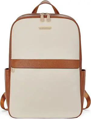 BOSTANTEN Genuine Leather 15.6 inch Laptop Backpack Purse for Women College Casual Backpack Travel Bag Daypack Beige-brown