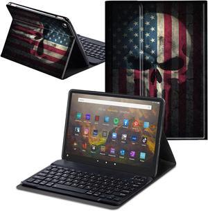 CAPAUNVDA for Kindle Fire HD 8 & 8 Plus Tablet Case with Keyboard 8 Inch (12th /10th Generation, 2022/2020 Release),Soft PU Stand Folio Cover with Detachable Wireless Keyboard,Skull Flag