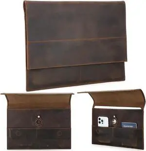 CataPurus Top Grain Leather 13.3" Slim Laptop Sleeve Bag, Magnet Clasp Closure Design & 3 Pockets & Tracker Holder, Handmade, Compatible with MacBook Pro/Air 13.3"/Cellphone/Passport, Coffee 13.3 Inch