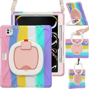 BRAECN for iPad Pro 13 Inch (M4) 2024 Case (A2925 / A2926 / A3007), Heavy Duty Shockproof Silicone Cover with Pencil Holder/Stable Kickstand/Shoulder Strap / 360°Rotating Stand, Colorful Pink