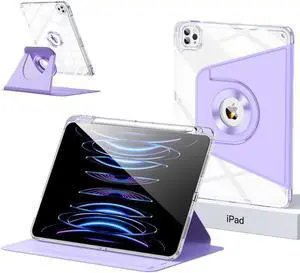 Clear Case for iPad Air 13 inch (M3 2025/M2 2024)/ iPad Pro 12.9 6th/ 5th/ 4th Generation, 360 Rotating Magnetic Detachable Slim Lightweight Cover with Pencil Holder, Purple