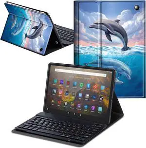 CAPAUNVDA for Fire Max 11 Tablet Case with Keyboard (13th Generation, 2023 Release) 11 Inch,Soft PU Stand Folio Cover with Detachable Wireless Keyboard,Cute Dolphin