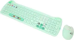 Keyboard and Mouse Combo, Cute Cat Theme USB Slim Keyboard Mouse Set, 2.4GHz Full Size Cute Keyboard with 110 Round Keys, for Windows 10,8,7,XP, OS