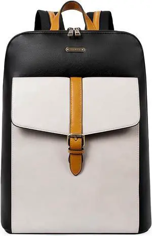 CLUCI Leather Laptop Backpack for Women 15.6 inch Computer Backpack Stylish Travel Backpack Purse for Women Work Daypack Bag Black-white with yellow