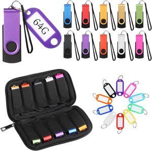 10 Pack Flash Drives Zip Drives with Lanyards, Key Tags and Storage Case Metal USB 2.0 Thumb Drives Multi Pack Bulk Swivel Memory Colorful Portable Keychain for Data Storage (64GB)