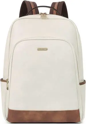 CLUCI Leather Backpack for Women 15.6 inch Laptop Backpack Purse Computer Backpack for Travel Airplane Casual Daypack Beige with Brown