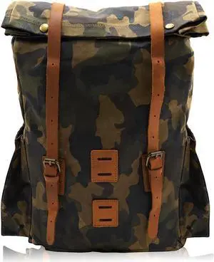 Camouflage Waxed Canvas Leather Hiking Travel Waterproof Backpack For College Weekend Travel Fit 15in laptops (Army Green)