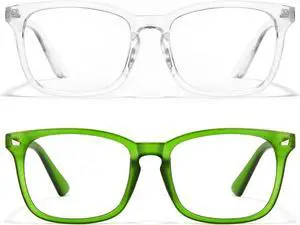 Cyxus 2-Pack Blue Light Blocking Glasses for Men Women Retro Square Frame Anti Glare Screen Protector Gaming Computer Glasses UV Filter Eyeglasses, Interchangeable Regular Lens, Clear & Dark Green