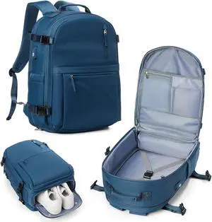 Cypak Large Travel Backpack for Women Men Waterproof Luggage Utility Backpack with USB Charging Port & Shoe Pouch Airline Approved Personal Item Travel Bag Mochila de Viaje(Blue)