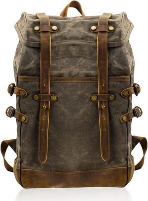 CRUITBILI Waxed Canvas Leather Hiking Travel Waterproof Backpack For College Weekend Travel Fit 15in Laptops (Army Green)