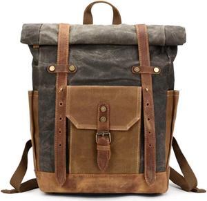 CRUITBILI Waxed Canvas Leather Hiking Travel Waterproof Backpack for College Weekend Travel Fit 15in laptops (Classic Army Green)