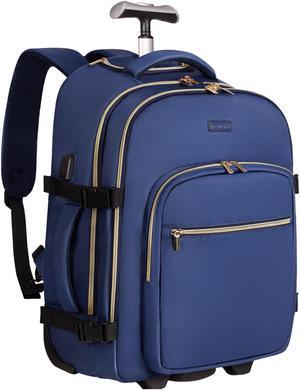 DEVPNR Rolling Backpack for Women, 17Inch on Laptop Travel Backpack with Wheels, Under Seat Airplane, Overnight Business Bag (Dark Blue) (In Patent)
