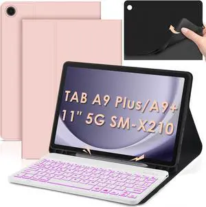 DETUOSI Backlit Keyboard Case for Samsung Galaxy Tab A9 Plus/ A9+ 5G 11" (SM-X210) 2023 Android Tablet with S Pen Holder | Soft TPU Back Cover | Magnetic Closure | Detachable Wireless 7-Color Keyboard