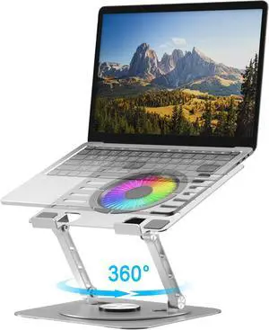 YTech Laptop Stand,with 360°Rotating Base,External Cooling Fan,Adjustable RGB Lighting,Ergonomic Foldable Notebook Computer Holder.Compatible with All 10-17" Laptops Tablets,Silver