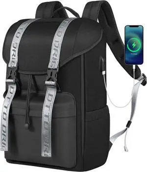 DTTO Travel Laptop Backpack, Water Resistant Backpack with USB Charging Port, Anti-Theft Flap Vintage College Computer Backpack Business Work Bag Fits 15.6 Inch Notebook for Men and Women, 23L Black