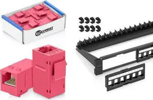 Everest Media Solutions Bundle  2 Items: 24-Port Keystone Patch Panel + 6 Pack of RJ45 CAT6 Keystone Couplers - Pink