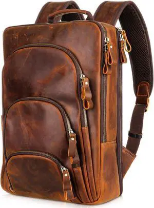 Fshsup Full Grain Leather Backpack 15.6" Laptop Bag Men's Vintage Genuine Leather Business Travel Hiking Camping Daypack