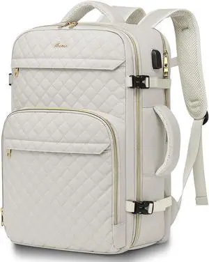 Carry On Women Travel Backpack: TSA Flight Approved Personal Item Backpacks Large 40L Waterproof Luggage Suitcase Backpack Fit 17 Inch Laptop Weekender Overnight Traveling Bag with USB Charge Beige