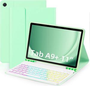 EAMPANG Case with Keyboard for Samsung Galaxy Tab A9 Plus 11 inch (SM-X210/X215/X216/X218),7 Color Rainbow Backlight Detachable USB-C Keyboard Magnetic Case with Pen Slot for Tablet A9+ 5G Green