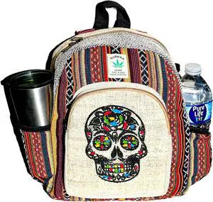 Himalayan Craft Hemp Backpack  Multi-Pocket Travel Bag, Laptop Unisex Pack, Cotton Stripe Nepali Bag for Festival & Hiking (13 Inch, 2 Large + 2 Bottle Pockets)