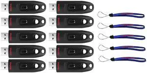 SanDisk Ultra USB (10 Pack) 3.0 64GB CZ48 Flash Drive High Performance Jump Drive/Thumb Drive/Pen Drive up to 100MB/s - Bundle with (5) Everything But Stromboli Lanyard