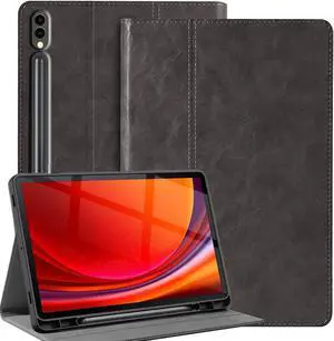 Gexmil Genuine Leather Case for Samsung Galaxy Tab S10 / S9 Ultra 14.6 Inch with Pencil Holder,Shockproof Protective Adjustable Kickstand Smart Folio Flip Tablet Cover, Grey