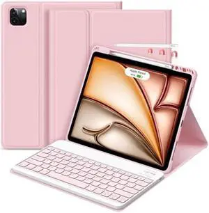 GOKOCO iPad Air 13 inch M2 2024 Case with Keyboard-Keyboard Case for iPad Pro 12.9 inch 6th/5th/4th/3rd Generation with Pencil Holder,Wireless Detachable Keyboard,Auto Sleep/Wake Function-Pink