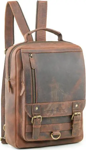 Handmade World Leather Backpack Convertible to Sling Bag 'The UpVibe' Fits 16 Inch Laptop Brown Full Grain Buffalo Hunter Leather Daypack Knapsack Stylish Crossbody Bag Unisex