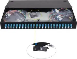 FYBOPTWU-24 Duplex Singlemode 48 Port LC Fiber Optic Rack Mount Enclosure Box + Splice Trays Fiber LC-UPC Kit (Include Pigtail & Couplers), 48 Core LGX Patch Panel Box fits for 19" Racks Cabinet