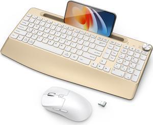 GAMCATZ Wireless Keyboard and Mouse - Full-Sized Ergonomic Keyboard with Wrist Rest, Phone Holder, Volume Knob,2.4 Silent Cordless Keyboard Mouse Combo for Computer, Laptop, PC, Mac, Apple-Gold White