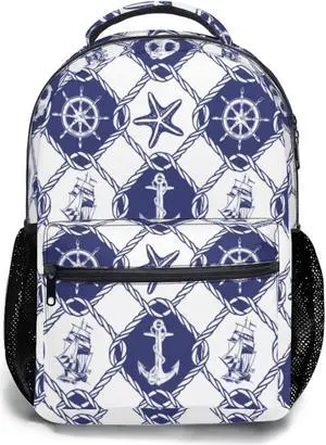 Nautical Anchor Backpack Sailboat Compass Durable Casual Laptop Shoulder Bookbag for Boys Girls Travel Hiking Camping Daypack Bag