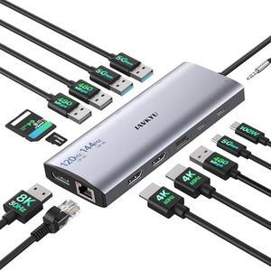 USB C Docking Station Dual Monitor, 14-in-1 USBC HUB USB Adapter, Triple Monitor for Laptop with 4K HDMI & DP, Single 8K Support with RJ45 Ethernet, 5USB, PD, SD/TF & Audio Jack - Laptop Accessories