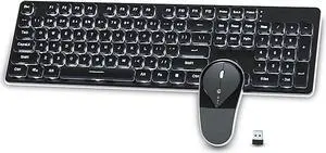 Wireless Keyboard and Mouse Combo Backlit,Rechargeable 104-Key Full Sized Menbrane Keyboard and Silent Mice Set,2.4Ghz Connection,Ergonomic,Home Office Gamer Use (Black with White Light)