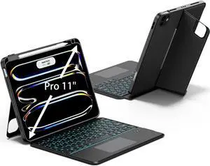 JUQITECH Touchpad Keyboard Case for iPad Pro 11 M4 2024, Magic Multi-Touch Trackpad Backlight Wireless Keyboard for iPad Pro 11-inch Magnetic Portrait Kickstand Smart Soft Case with Pencil Holder