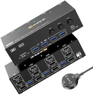 8K KVM Switch 3 Monitors 3 Computers HDMI + DisplayPort, KCEVE USB 3.0 DP KVM Switcher, 8K@30Hz/4k@144Hz Triple Monitor DP KVM for 3 PC Share 3 Display and 4 USB 3.0 Devices