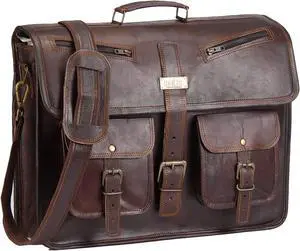 HULSH Leather Messenger Bag for Men and Women in 18 Inch | Best Laptop Briefcase Satchel with Adjustable Strap | Genuine Leather Handmade Computer Shoulder Bag for Business, Office, Travel