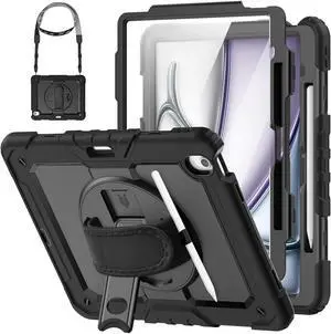 HXCASEAC Case for iPad Air 13 inch M3 M2, Shockproof Design with 360° Rotating Stand, Pencil Holder, Screen Protector, Protective iPad Air 13 Case 2025/2024 (A2898, A2899, A3268, A3269), Black