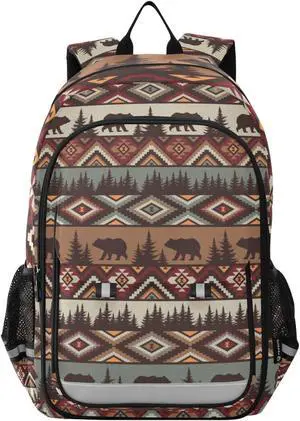 Krafig Brown Tribal Bear Backpack Girls Boys Elementary School Bags Bookbags Laptop Backpack Travel Daypack Safe Reflective Stripes