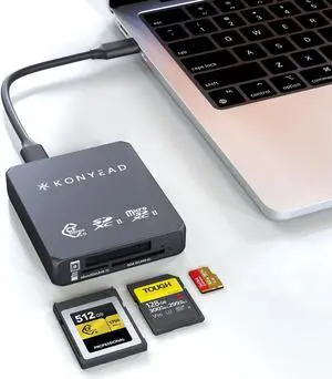 KONYEAD CFexpress Type B & SD & Micro SD 3-in-1 Card Reader, Designed for iPhone/iPad OTG Adapter, Auxiliary Power Supply,USB 3.2 Gen 2 10Gbps,UHS-II,for iOS/Windows/Mac OS/Android (9332B)