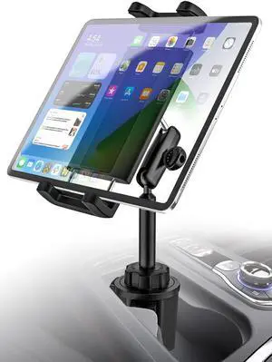 Kolasels Cup Holder Tablet Mount for Car [Anti-Shake Metal Arm] Heavy Duty iPad Cup Holder Mount for Truck, Tesla, Vehicle, for iPad Pro 12.9 Air Mini Galaxy Z Fold iPhone, 4-13'' Cell Phone Tablets