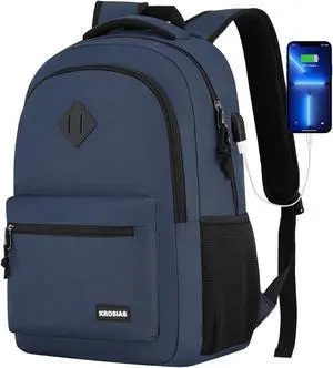KROSIAS Backpack for Men and Women, School Backpack Teens Boys and Girls 15.6 Inch Laptop Bookbag with USB Charger for High School College Work Travel Business (Dark Blue)