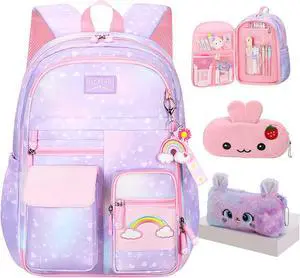 Jcobvig Rainbow Backpack For Girls Kids,Cute Student School Backpack With Pen Bag,Purple Aesthetic Starry Rainbow Laptop Travel Bag (Purple Large 17.5in